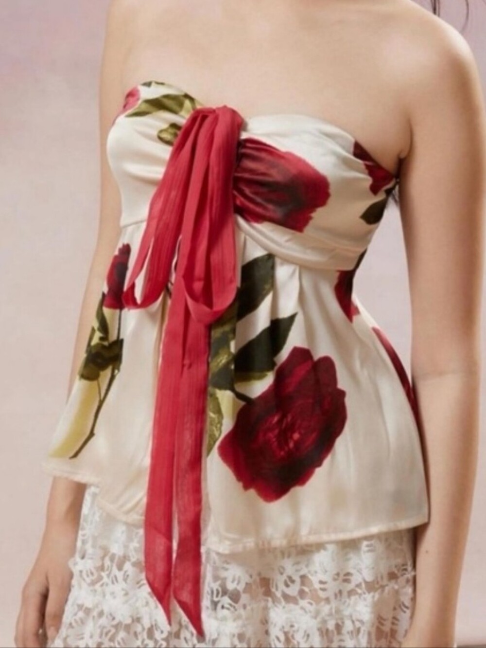 Strapless Floral Tie-Front Top in Ivory & Red Y2K Fairy Whimsical Western Boho M